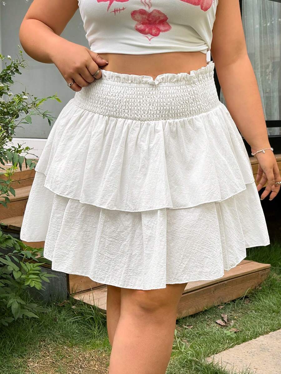 SHEIN EZwear Plus Size Women's Summer White Ruffled Layered Woven Fabric Elastic Waist Ruffle Trim High Waist A-Line Short Skirt - White - View 1