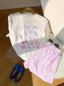 SHEIN EZwear 2pcs/Set Women Summer Casual Pink Print Short Sleeve T-Shirt & Striped Shorts