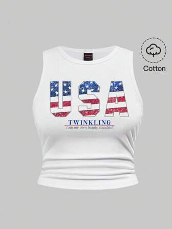 ROMWE Avant Sexy Patriotic American Flag & Stars Print Plus Size Sleeveless Cool Tank Top For Summer