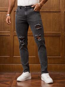 Manfinity Homme Herrjeans med slitna fickor och casual skinny jeans - Grå - Visa 7