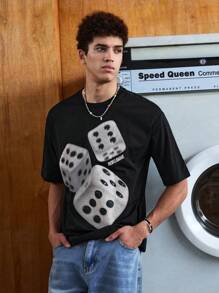 SWAVVY 1 件男士 Y2K 趣味休闲超大高街复古风格创意骰子天使麦当娜油画印花黑色针织 T 恤，夏季 - 黑色 - 查看 4