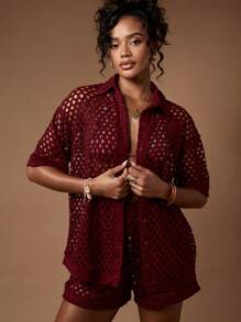 MISSGUIDED Crochet Shirt And Shorts Two Piece Co Ord Beach Set - Redwood - View 6