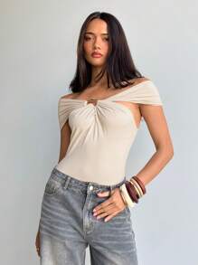 Aloruh Women's Elegant Hollowed Metal Button Decor Off-Shoulder Solid Beige Fitted T-Shirt - Apricot - View 2