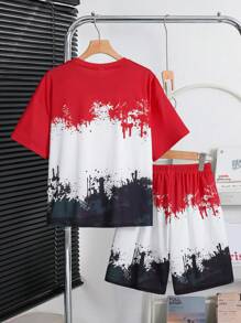 SHEIN Tween Boys Loose Street Style Short Sleeve Shorts Set Summer Clothes Short Sets For Teen Boys Drippy Outfits Sets For Teen Boy Boys Drippy Clothes Boys Korean Fashion Teen Boy Summer Outfits - Red - View 2