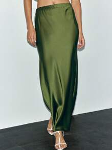 Lumivelle 女士优雅休闲缎面高腰弹力直筒绿色半身裙