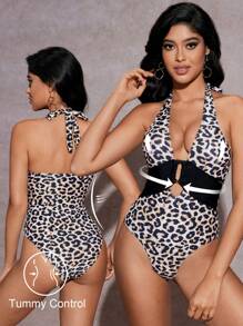 SHEIN Swim Women's Deep V-Neck Hollow Animal Leopard Print Beach Vacation One-Piece Swimsuit, Slimming And Shaping Design For Summer - Multicolor - View 3