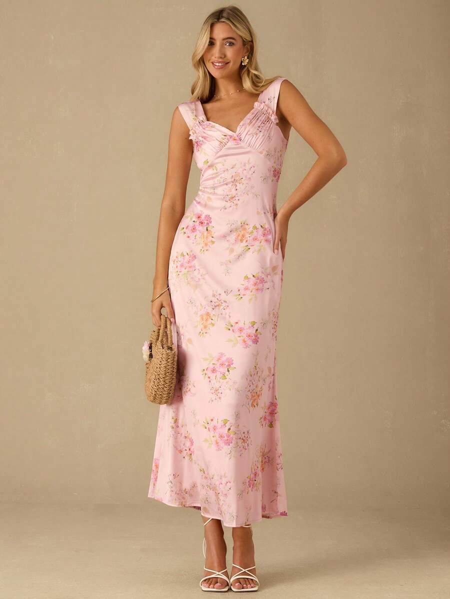 Enchnt Fall/Winter Romantic Women's Satin Butter Yellow Floral Print Sweetheart Neck Ruched Sleeveless Mermaid Maxi Dress,Sweet&Elegant For Vacation&Date&Holiday&Birthday&Party&Graduation&Wedding Guest&Office&Going Out&Halloween&Christmas,Autumn Dresses For Women,Fall Clothes For Women,Autumn Outfits For Women,Back To School - Pink - View 1