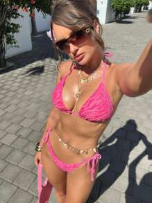 Swim SXY Women's Zebra Print Halter Tie Bikini Beach Vacation Set For Summer - Pink - View 4
