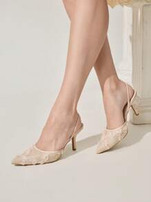 CUCCOO CHICEST 全新夏季女士尖头花卉刺绣蕾丝中跟优雅浪漫网眼蕾丝一脚蹬高跟鞋，适合正式礼服、婚礼、派对、下午茶、约会之夜 - 杏色 - 查看 3