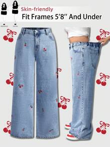 SHEIN Tall CURVE 女式加大码樱桃刺绣蓝色阔腿直筒牛仔裤 7 月 4 日暑假牛仔女装西部装 女士商务休闲装 女士节日机场毕业装 伊比沙岛海滩夏威夷音乐会巡航装 波西米亚风毕业装 高腰牛仔裤 宽松牛仔裤 2000 年代 - 藍色 - 查看 1