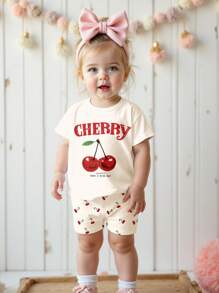SHEIN Baby Girl Cute Cherry Pattern Casual Minimalist Round Neck Short Sleeve T-Shirt & Tight Shorts Set, Suitable For Spring/Summer