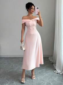 Elenzga 1pc Women's Off-Shoulder Waist Cinching A-Line Elegant Romantic Commuting Dress - Coral Pink - View 3