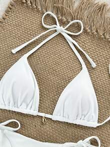 SHEIN 2 件套全新纯色纹理打结侧高开叉丁字裤白色比基尼，女士夏季海滩度假泳装