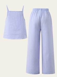 SHEIN Casuvi Kids Spring/Summer Tween Girls Casual Cute Textured Bubble Crepe Camisole Top With Relaxed Wide Leg Pants 2 Pieces Set, Suitable For Daily, Commute, Holiday, Outings, Photoshoot Two Pieces Sets For Girls Summer Holiday - Blue - View 2