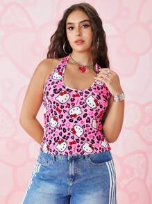 HELLO KITTY AND FRIENDS | SHEIN 大码豹纹卡通图案露背休闲背心，Y2K/2000年代风格，街头风，夏季上衣 - 彩色 - 查看 4