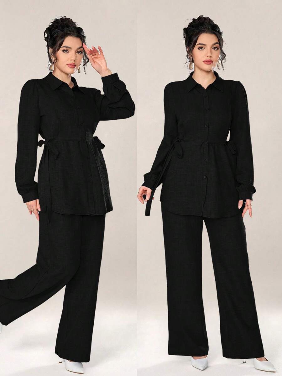 Graceveil Women 2pcs Set Front Button Long Sleeve Casual Blouse And Trousers 2 Pieces Set Modest Fall Cloth For Women - Black - View 1