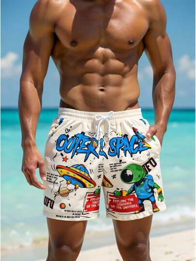 Manfinity Swimmode Plus Size Men's Letter & Cartoon Print Slant Pocket Drawstring Waist Casual Beach Shorts