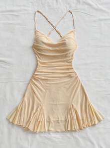 Soleia 女式无袖迷你连衣裙，垂坠领优雅迷你连衣裙，适合休闲、浪漫、约会、海滩装、网眼、度假、外出 - 杏色 - 查看 7