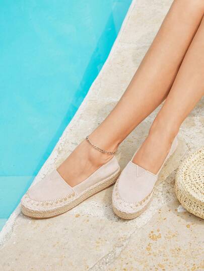 Styleloop Women Apricot Velvet Embroidered Jute Sole Flats, Elegant Casual Holiday Party Valentine Date Wedding Event Shoes