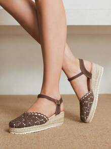 Styleloop Women's Solid Color Hollow Out Platform Sandals With Ankle Strap, Comfortable Casual Sole Wedges