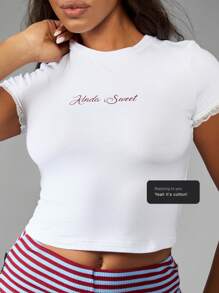 MISSGUIDED Kinda Sweet Baby T 恤女式蕾丝边短袖夏季运动健身跑步休闲街头服饰基本款活力修身上衣 - 白色 - 查看 1