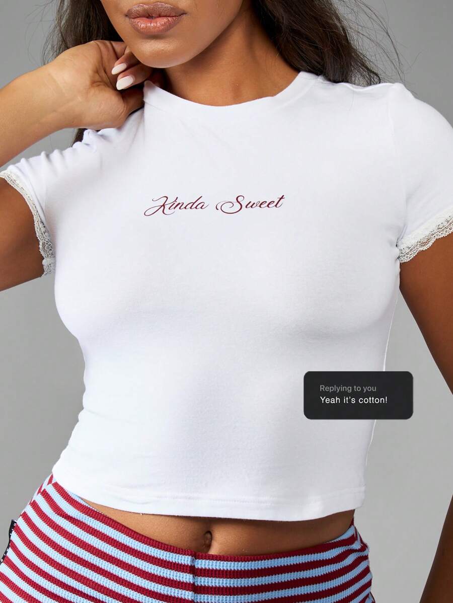 MISSGUIDED Kinda Sweet Baby T 恤女式蕾丝边短袖夏季运动健身跑步休闲街头服饰基本款活力修身上衣 - 白色 - 查看 1