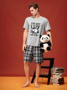 Juego de pijama cómodo y casual de camiseta y pantalones cortos con estampado divertido de comida rápida estadounidense y patrones de dibujos animados divertidos para hombres
