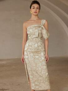 Aveloria Rosie Đầm dài dự tiệc sang trọng thanh lịch cổ điển mới cho quý cô, trang trí nơ chéo vai bất đối xứng, bó sát cơ thể, không tay, vải jacquard - Nhiều màu - Xem 3