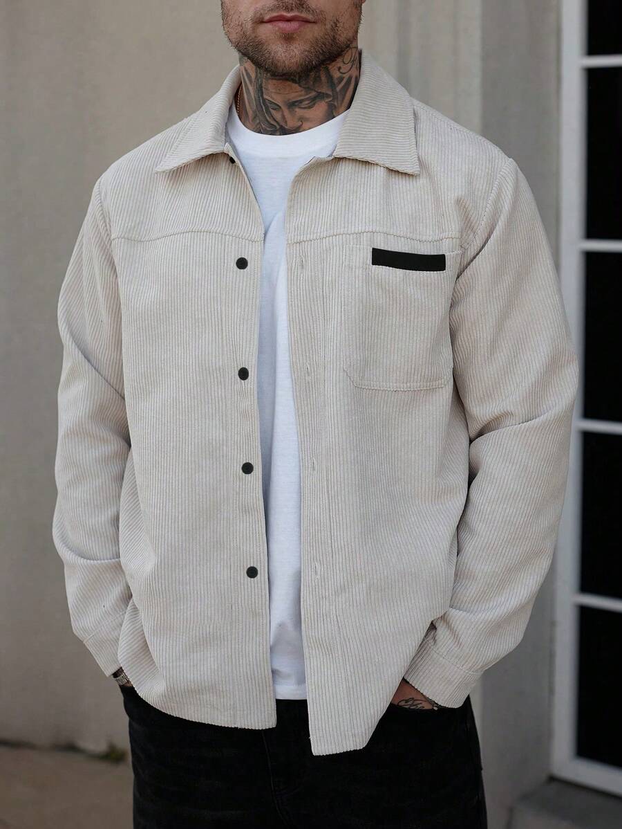 Manfinity Homme Veste chemise pour homme, veste chemise à manches longues à boutons devant simple avec poche, porter casual quotidien, veste pour homme, veste chemise pour homme, veste d'homme pour l'automne et l'hiver, cadeau pour petit ami, veste en flanelle côtelée à manches longues pour sortir, porter décontracté