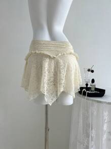 Elamini 女士优雅纯色蕾丝不对称下摆半身裙，夏季 - 杏色 - 查看 2