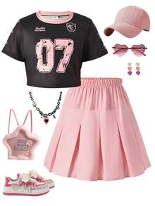 2pcs/Set Tween Girls Sports Style Set, Bow Element & Numeric Digital Print Pattern, Short Sleeve T-Shirt With Pleated Skirt, Energetic & Sweet Cool Girl Vibe, Suitable For Daily Sports, School Activities In Summer