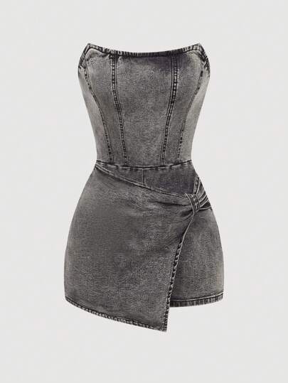 SHEIN MOD Mono informal de mujer en denim desgastado con cuello halter