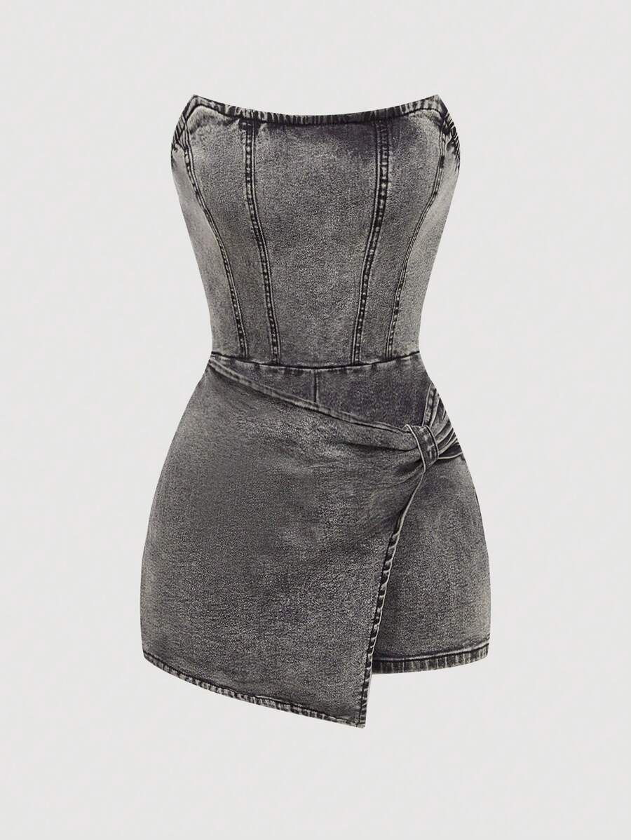 SHEIN MOD 女式休闲水洗牛仔挂脖连体衣 - 灰色 - 查看 1