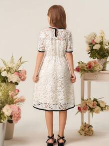 Tween 女童圆领蕾丝刺绣蝴蝶结装饰公主裙，适合婚礼季、情人节、派对、婚礼花童和伴娘礼服，优雅 - 白色 - 查看 2