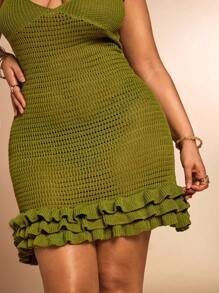 SHEIN BAE 大码女式纯色镂空双层荷叶边下摆性感露背毛衣裙女式连衣裙度假装女式夏装女式毛衣女式夏装女式沙滩装西部装女式毛衣裙女式夏装度假装女式沙滩裙 - 橄欖綠 - 查看 8