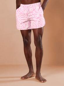 SUMWON Designer Summer Beachwear Board Shorts Swim Trunks Abstract Pattern Curved Hem Poolside Regular Fit Drawstring Waist Resort Comfort Swimming - Pink - View 2