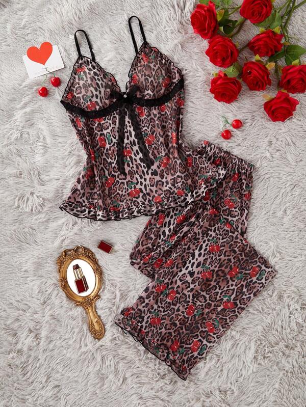 SilkySpell Set pijamale sexy cu imprimeu de cireșe și leopard, cu top și pantaloni, pentru femei