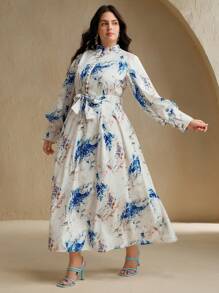 Anewsta Plus Size Women's Long Sleeve Elegant Flared A-Line Dress, New Style - Blue - View 5