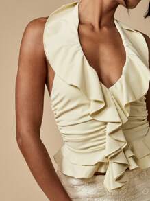 MISSGUIDED Élégant top à volants avec encolure ras-du-cou, pour occasions spéciales, soirées, mariages, célébrations et fêtes. Blouse de boutique d'été - Jaune moutarde - Voir 6