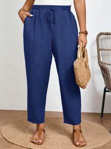 SHEIN Frenchy Plus Size Solid Color Casual Trousers With Elastic Waist And Diagonal Pockets - Royal Blue - View 2