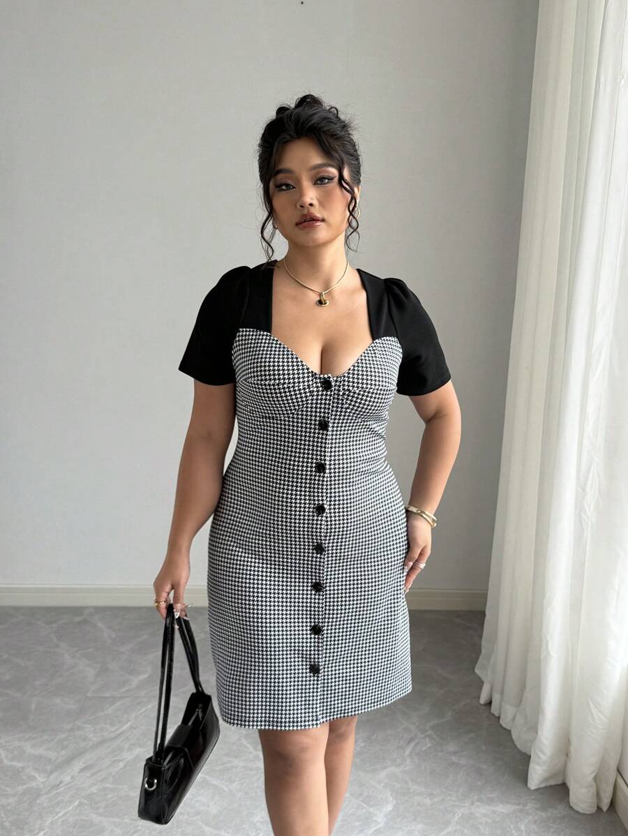 Elenzga Plus Size Vintage Plaid Print Sweetheart Collar Patchwork Single Breasted Mini Dress