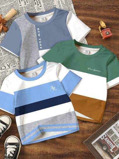 SHEIN 3pcs/Set Young Boys' Casual Classic Colorblock Mix Print Pattern Comfortable Short Sleeve T-Shirts, Suitable For Spring And Summer