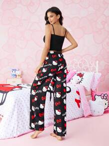 HELLO KITTY AND FRIENDS | SHEIN 女士夏季可爱卡通印花撞色蝴蝶结吊带背心和长裤睡衣套装 - 黑色 - 查看 2