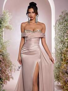 Glamrae Elegant Khaki Satin Knitted Strapless Tube Ball Gown,Luxury Sequin Patchwork Ruched Waisted Side Slit Fishtail Hem Train,Wedding Guest Formal Event - Khaki - View 5