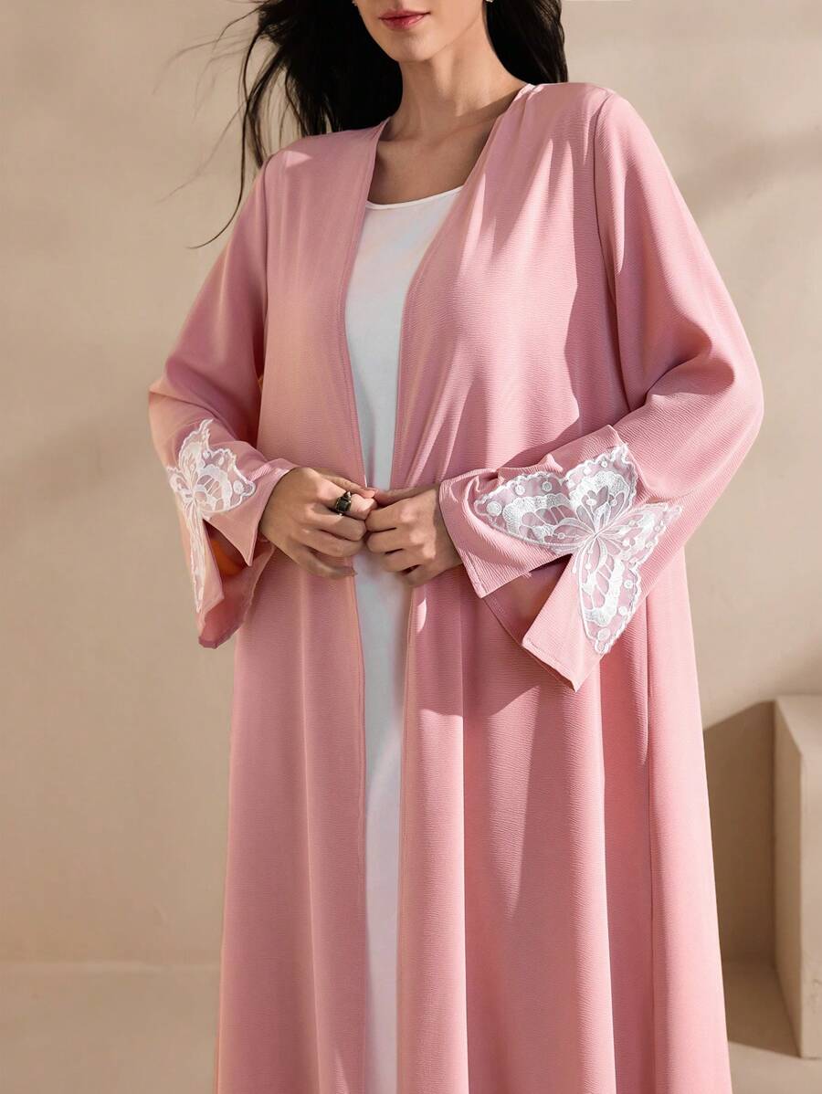 Graceveil 1pc Elegant Long Sleeve Jacket With Butterfly Embroidery & Side Slit Cuff, Modest Robe, Abaya - Pink - View 1