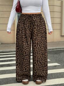 Muchica Plus Size Loose Straight Leg Pants With Leopard Print, Casual, For Autumn/Winter