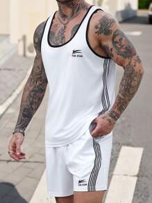 Manfinity Homme Conjunto de top de tirantes deportivos y shorts con rayas de colores contrastantes para hombre