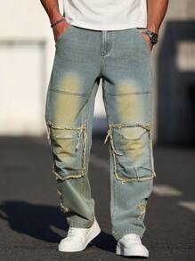 Manfinity Homme Quần Jeans Nam Ống Thẳng Thường Ngày Có Túi Và Chi Tiết Viền Thô, Đa Năng - Màu xanh lam - Xem 3