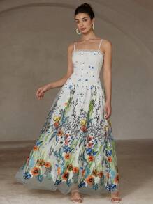 Femmeiva Sweet Mesh Embroidered Spaghetti Strap Dress, Fashion Spring/Summer Sleeveless Long Gown For Women - Multicolor - View 3
