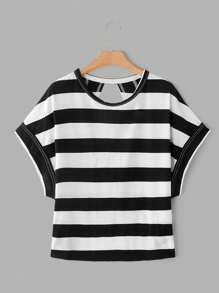 SHEIN Essnce 大码女装春夏时尚休闲宽松舒适清凉日常百搭修身黑白条纹后背镂空短袖T恤，简约风格，街头潮流，Y2k服饰，外出上衣，欧洲夏季